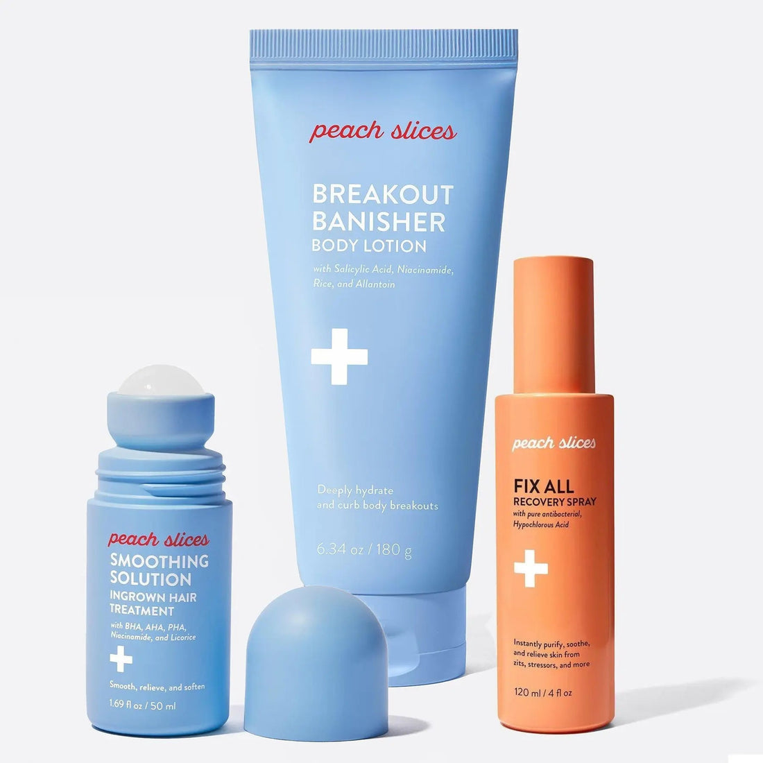 The Body Rescue Trio from Peach Slices - Smoothing Solution Ingrown Hair Treatment, Fix All Recovery Spray, Breakout Banisher Body Lotion