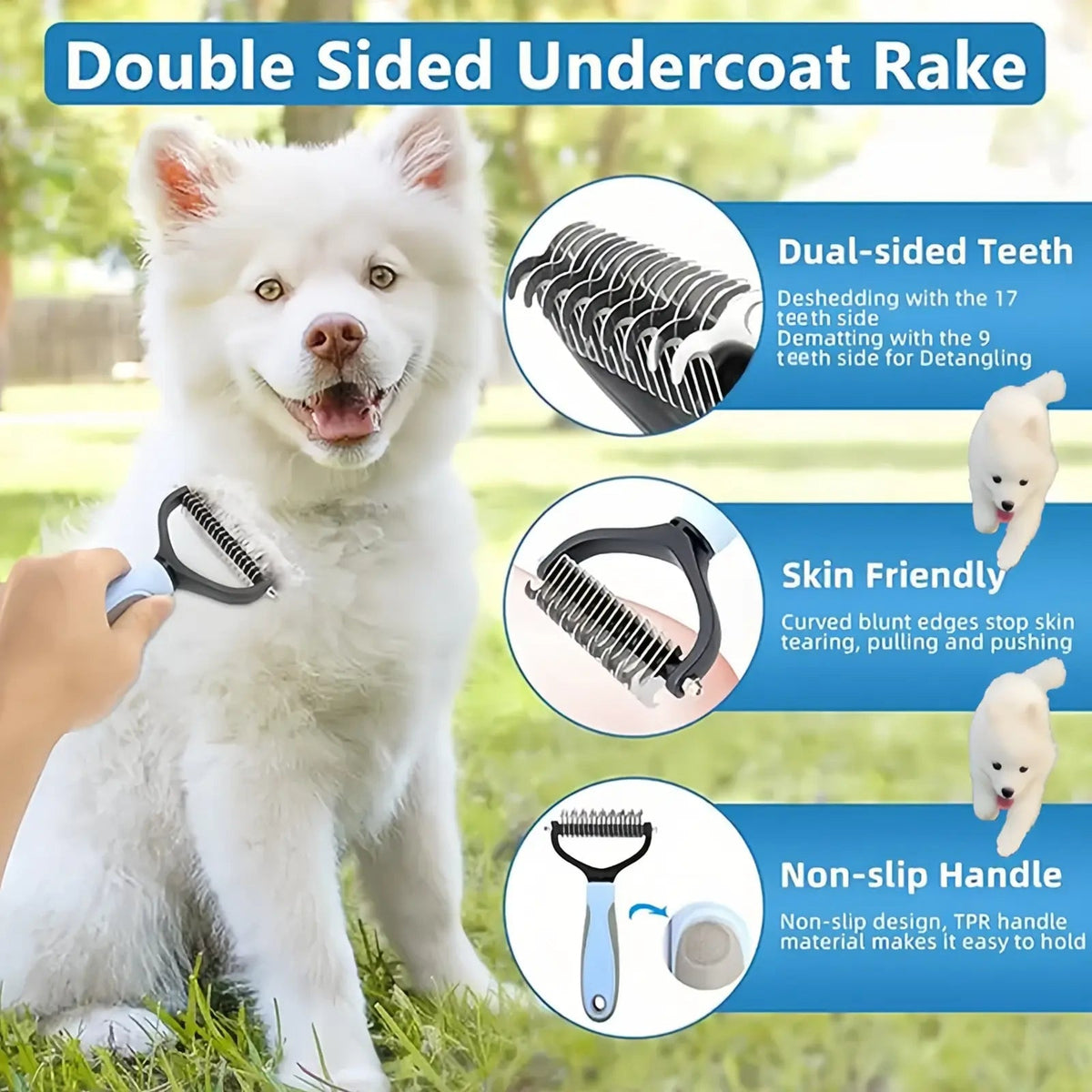Ihubei Pet Grooming Rake - Double-Sided Deshedding Dematting Tool, Undercoat Rake for Dogs & Cats, Extra-Wide Dog Grooming Brush & Deshedder Comb for Long Hair, Reduces Shedding 95%
