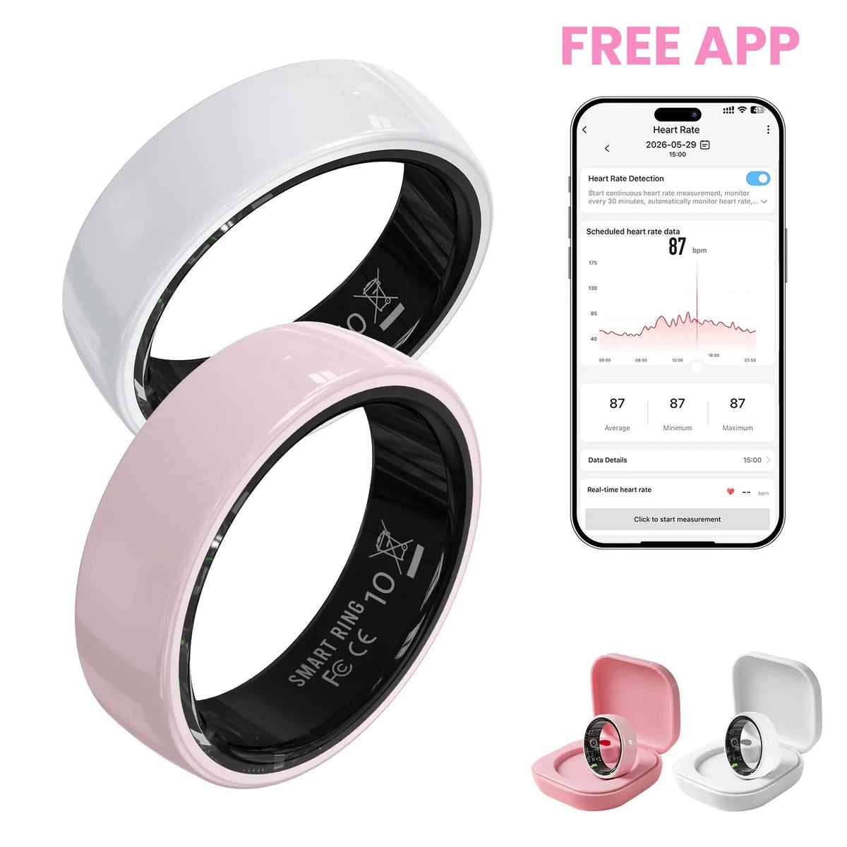 #6-#11 Pink & Black Ceramic Smart Couple Rings for Women & Men, Fitness & Sleep Tracker, Heart Rate & Stress Monitor, Cycle Tracking, IP68 Waterproof, 3–5 Day Battery, Ios & Android Compatible, with Charging Case