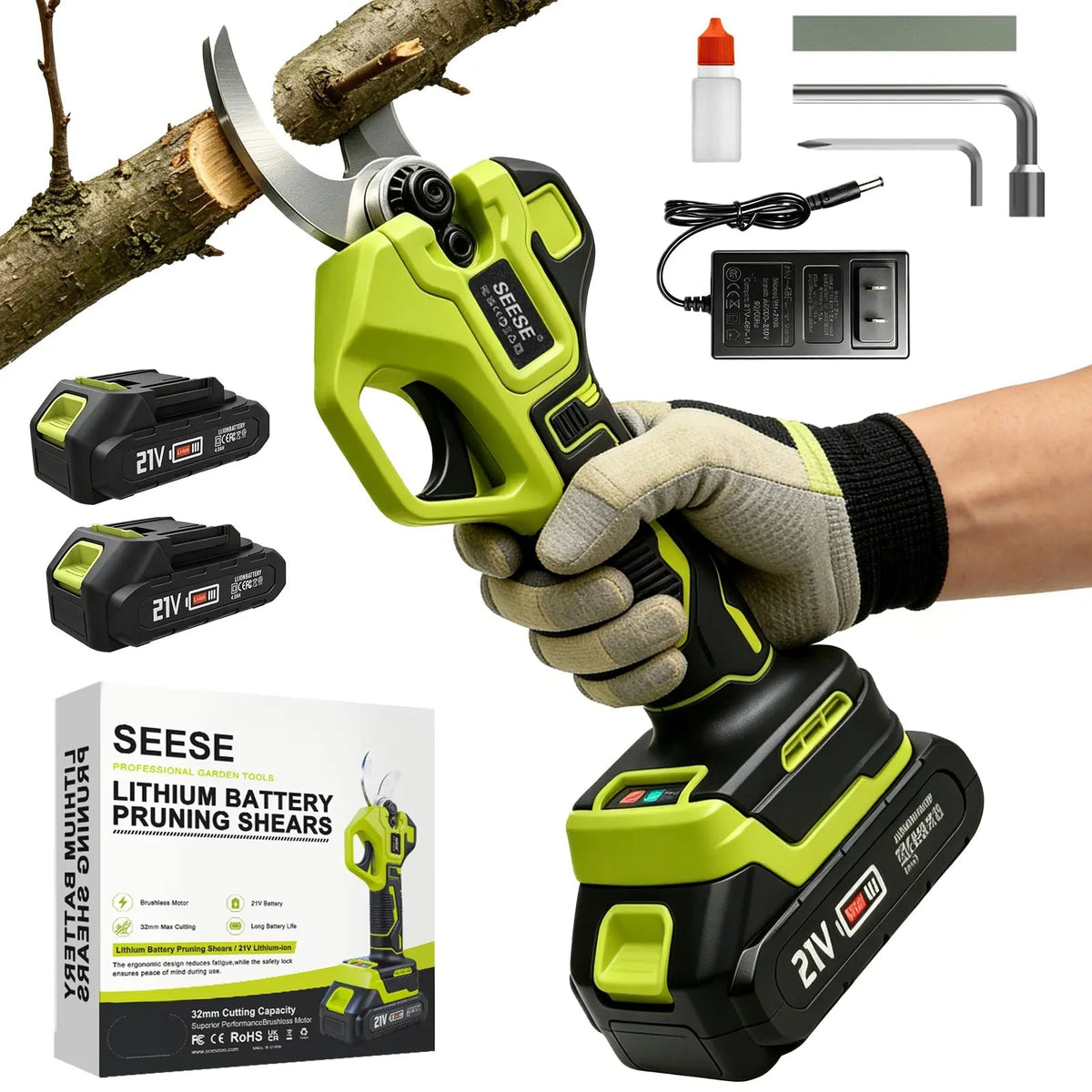 SEESE Electric Pruning Shears for Gardening: 1.25" Cutting Cordless Power Pruner, Brushless Motor, Dual21V Battery for Tree & Flowertrimming Fathersdaygift