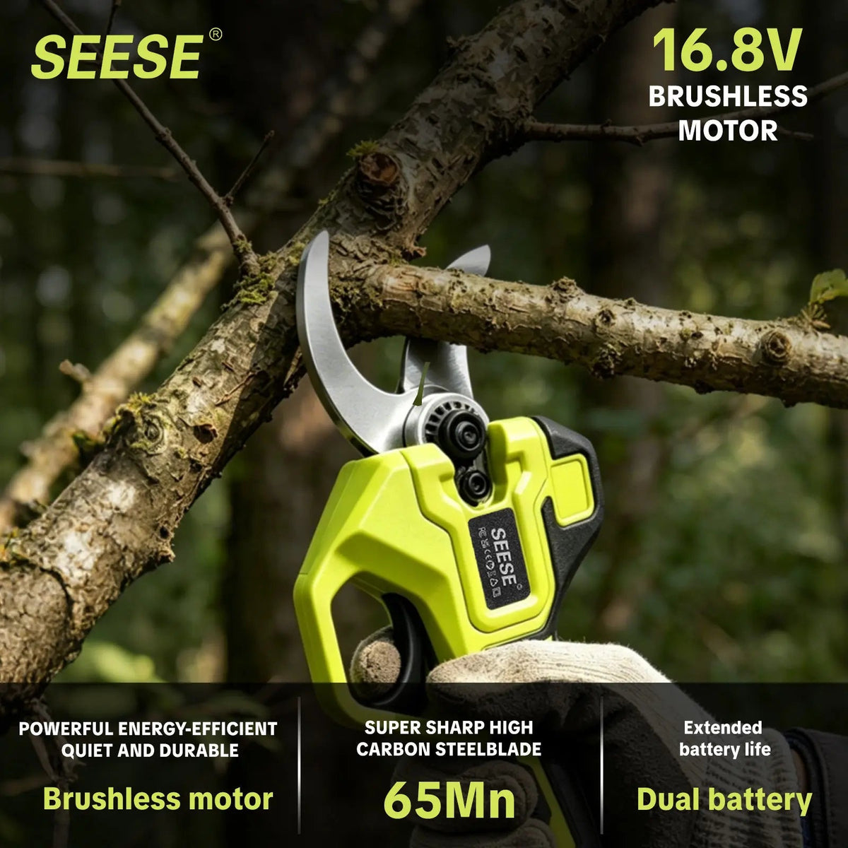 SEESE Electric Pruning Shears for Gardening: 1.25" Cutting Cordless Power Pruner, Brushless Motor, Dual21V Battery for Tree & Flowertrimming Fathersdaygift