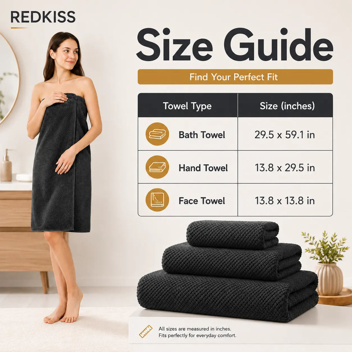 REDKISS Black Towel Set: a 6-Piece Set of Premium, Soft Bath Towels. This Ultra-Absorbent, Luxurious 6-Piece Set Includes 2 Bath Towels, 2 Hand Towels, and 2 Face Towels, Perfect for Everyday Use in Bathrooms, Gyms, Hotels, and Spas.