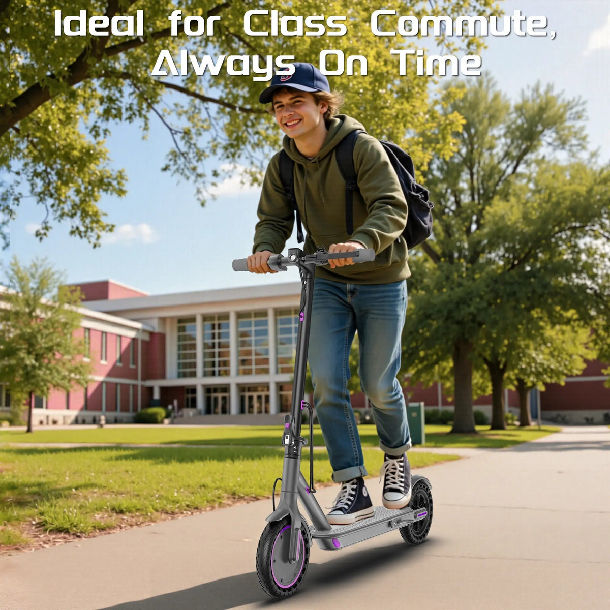 Purple Electric Scooter for Adults, Top Speed 19 Mph, 350-Watt Motor, 14-18 Mile Range, Supports Smart App Control, Easy to Carry, Folds up for Storage in a Trunk, Can Carry up to 265 Lbs, Fuel-Efficient Choice.