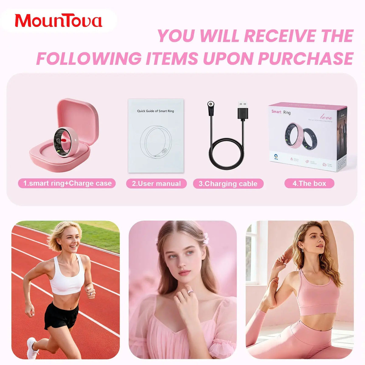 #6-#11 Pink & Black Ceramic Smart Couple Rings for Women & Men, Fitness & Sleep Tracker, Heart Rate & Stress Monitor, Cycle Tracking, IP68 Waterproof, 3–5 Day Battery, Ios & Android Compatible, with Charging Case