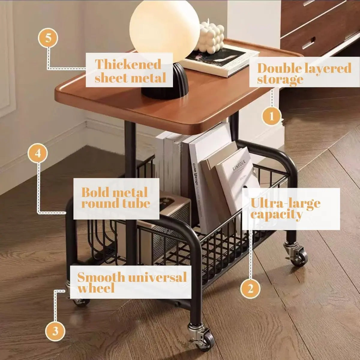 2-Tier Rolling Coffee Table with Storage Shelf, Mobile Side Table on Wheels, Small End Table Sofa Couch Table, Modern Wood Nightstand Accent Table for Living Room Bedroom Office Home, Dark Walnut
