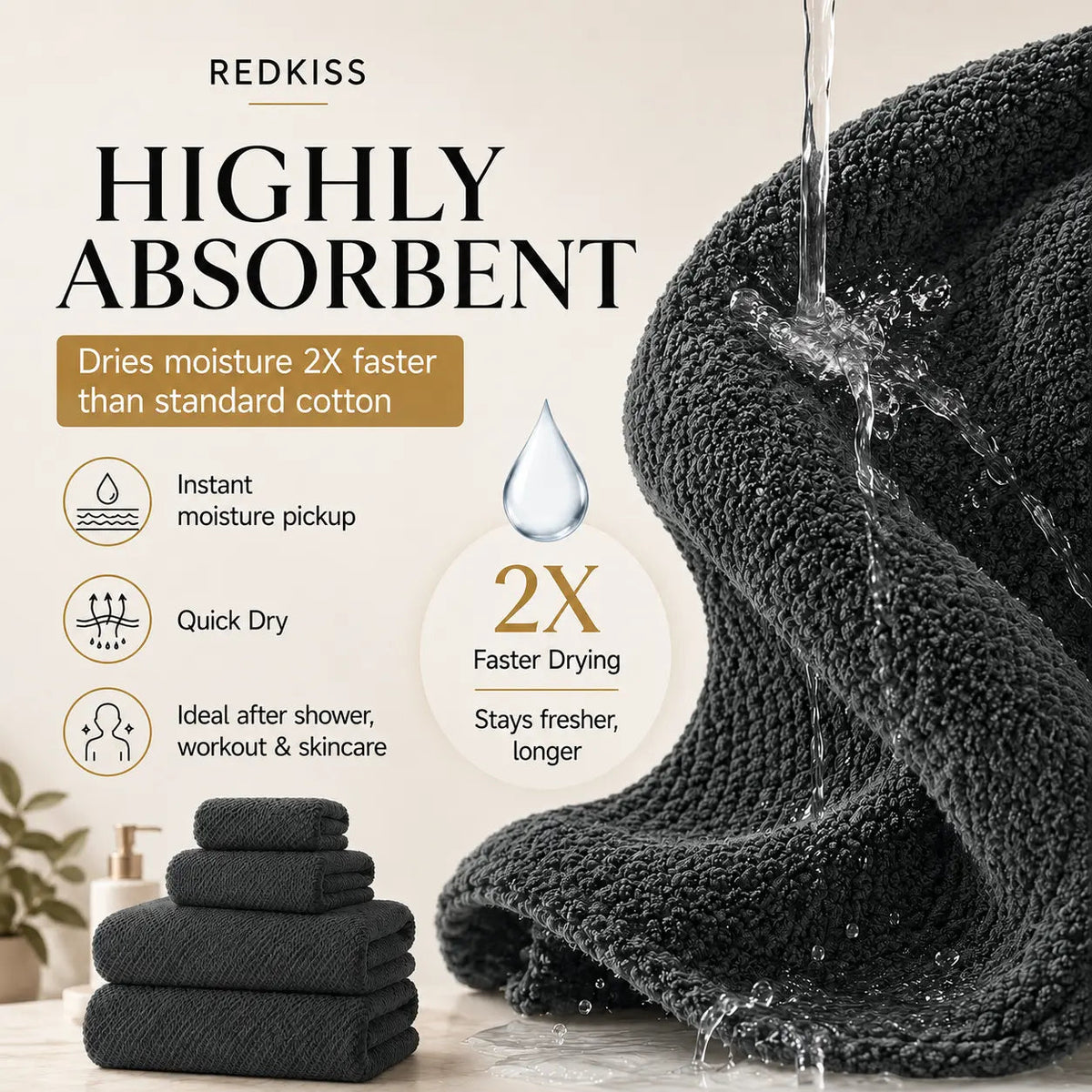 REDKISS Black Towel Set: a 6-Piece Set of Premium, Soft Bath Towels. This Ultra-Absorbent, Luxurious 6-Piece Set Includes 2 Bath Towels, 2 Hand Towels, and 2 Face Towels, Perfect for Everyday Use in Bathrooms, Gyms, Hotels, and Spas.