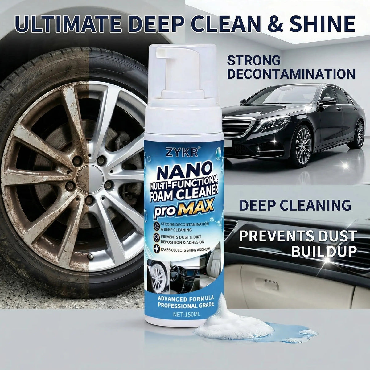 ZYKR Nano Multi-Functional Foam Cleaner Pro MAX - a Powerful Deep-Cleaning Product Suitable for Both Household and Vehicle Deep Cleaning. It Is Suitable for Removing Stains on Car Interiors and Sofas. Capacity: 150 Milliliters.