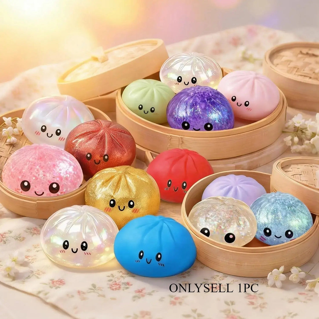 【Blind Box】2026 New Glitter Dumpling Squishy with Steamer Box, Soft Sensory Fidget Steamed Bun Squeeze Tool for Adult Stress & Anxiety Relief,
