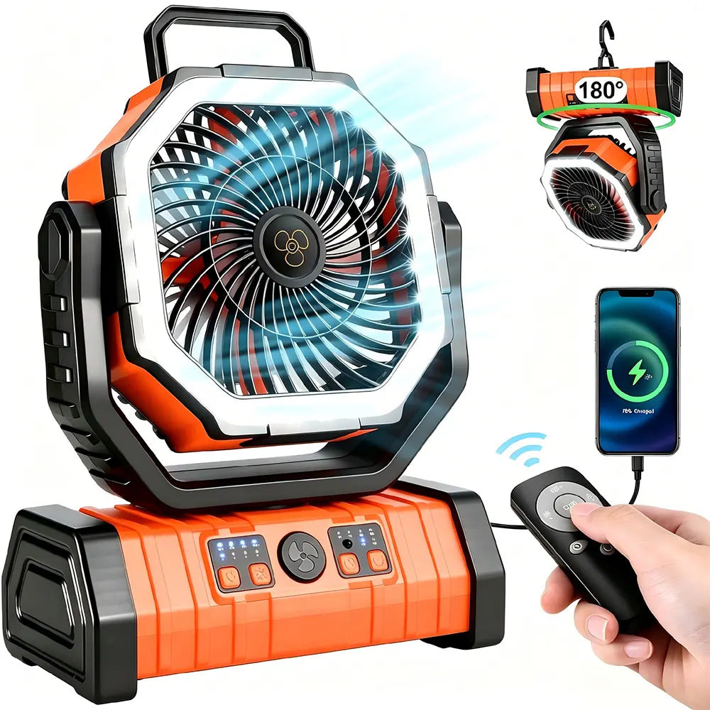 20,000 Mah Rechargeable Camping Fan with Light, Dual Motors, 4 Speeds, Hook, Remote Control, LED Light, and Power Bank—Portable, Ideal for Emergencies and Essential for Outdoor Camping
