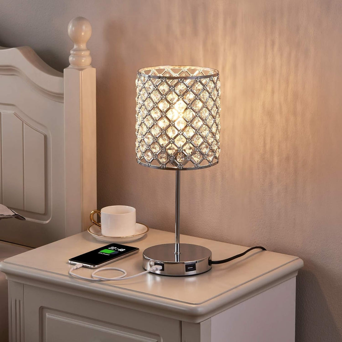 Set of 2 Touch Table Lamp, Sliver Crystal Lamp Set of 2, 3 Way Dimmable Bedside Lamps with Dual USB Ports, Nightstand Lamps for Bedrooms Desk Light for Girl Room, Living Room(Included 2 Bulbs)…
