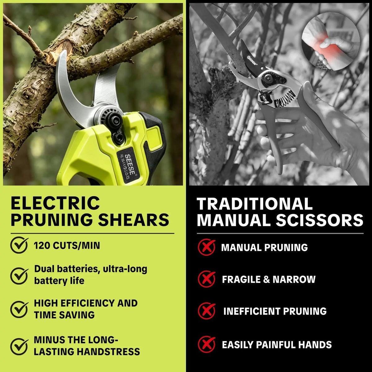 SEESE Electric Pruning Shears for Gardening: 1.25" Cutting Cordless Power Pruner, Brushless Motor, Dual21V Battery for Tree & Flowertrimming Fathersdaygift