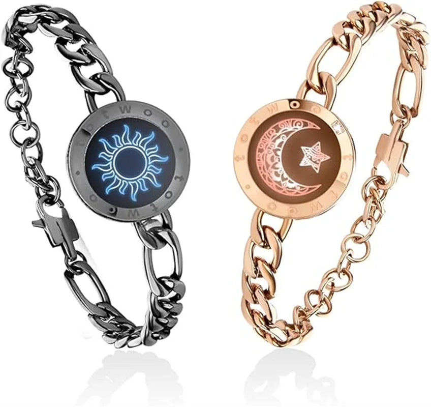 Long Distance Touch Light Up&Vibrate Bracelets for Couples, Long Distance Relationship Gifts Smart Sun&Moon Love Bracelet