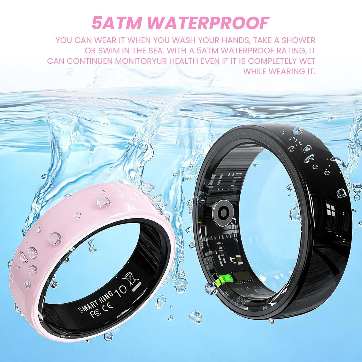 #6-#11 Pink & Black Ceramic Smart Couple Rings for Women & Men, Fitness & Sleep Tracker, Heart Rate & Stress Monitor, Cycle Tracking, IP68 Waterproof, 3–5 Day Battery, Ios & Android Compatible, with Charging Case