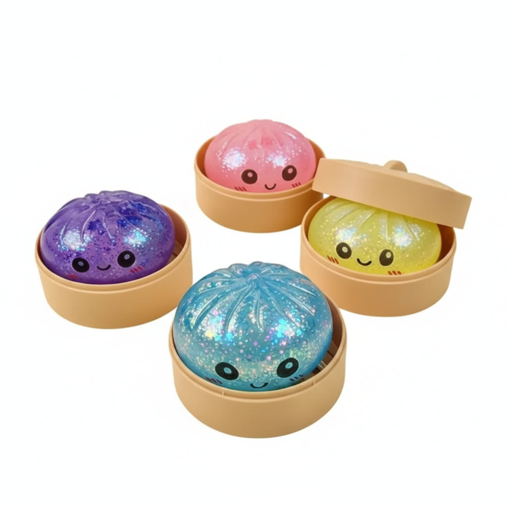 【Blind Box】2026 New Glitter Dumpling Squishy with Steamer Box, Soft Sensory Fidget Steamed Bun Squeeze Tool for Adult Stress & Anxiety Relief,