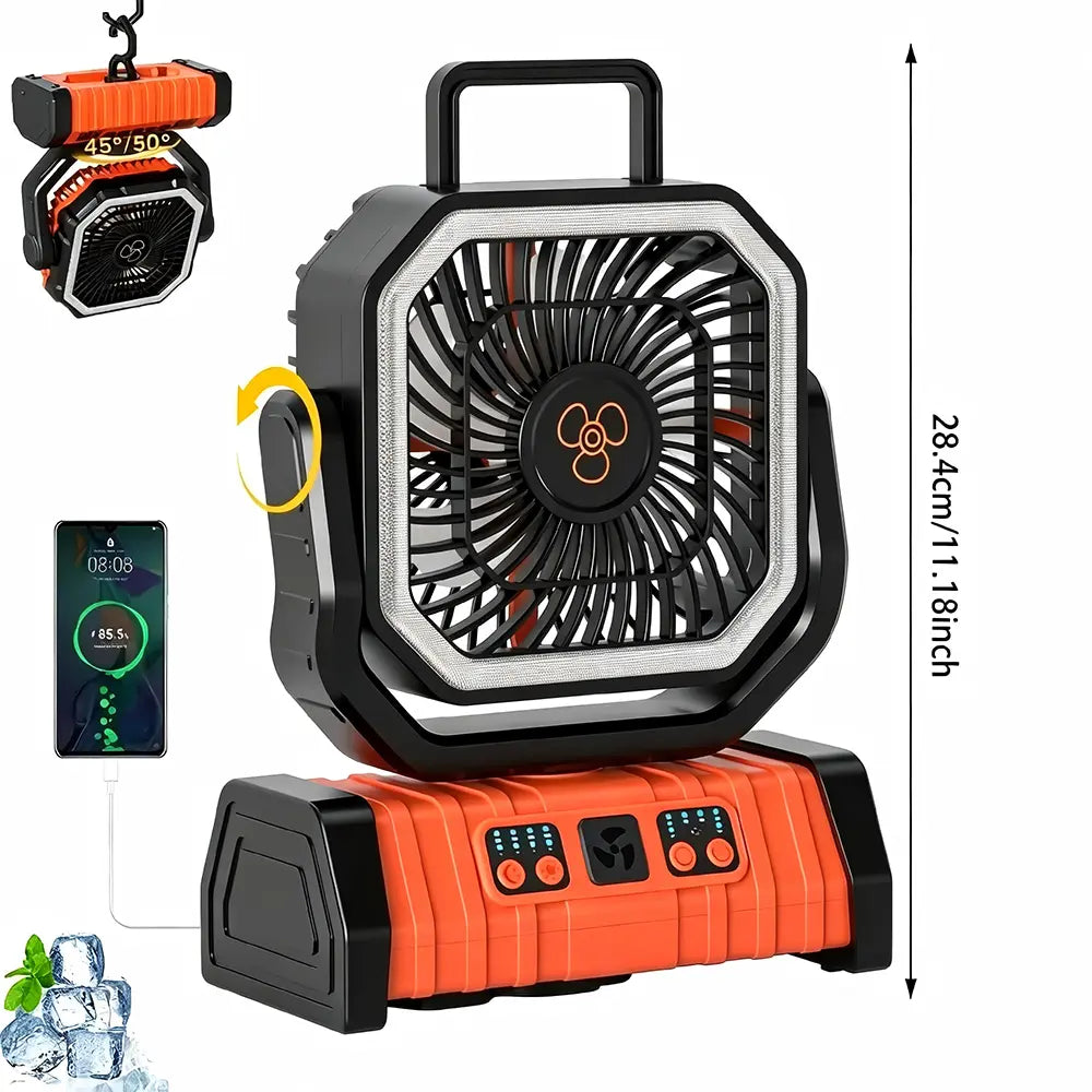 20,000 Mah Rechargeable Camping Fan with Light, Dual Motors, 4 Speeds, Hook, Remote Control, LED Light, and Power Bank—Portable, Ideal for Emergencies and Essential for Outdoor Camping