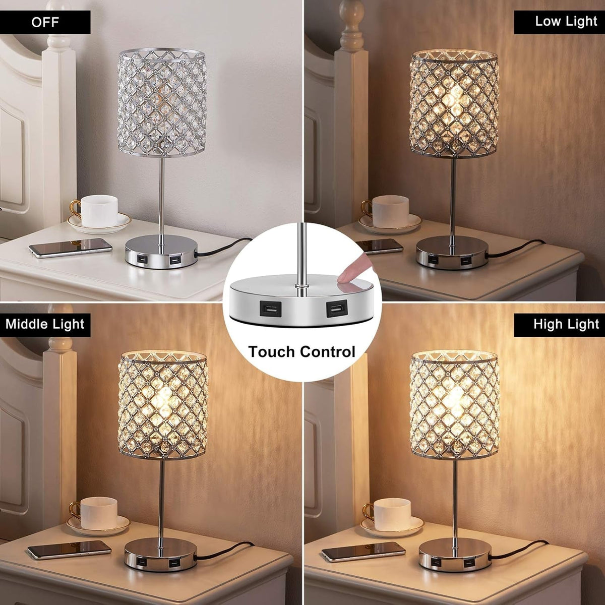 Set of 2 Touch Table Lamp, Sliver Crystal Lamp Set of 2, 3 Way Dimmable Bedside Lamps with Dual USB Ports, Nightstand Lamps for Bedrooms Desk Light for Girl Room, Living Room(Included 2 Bulbs)…