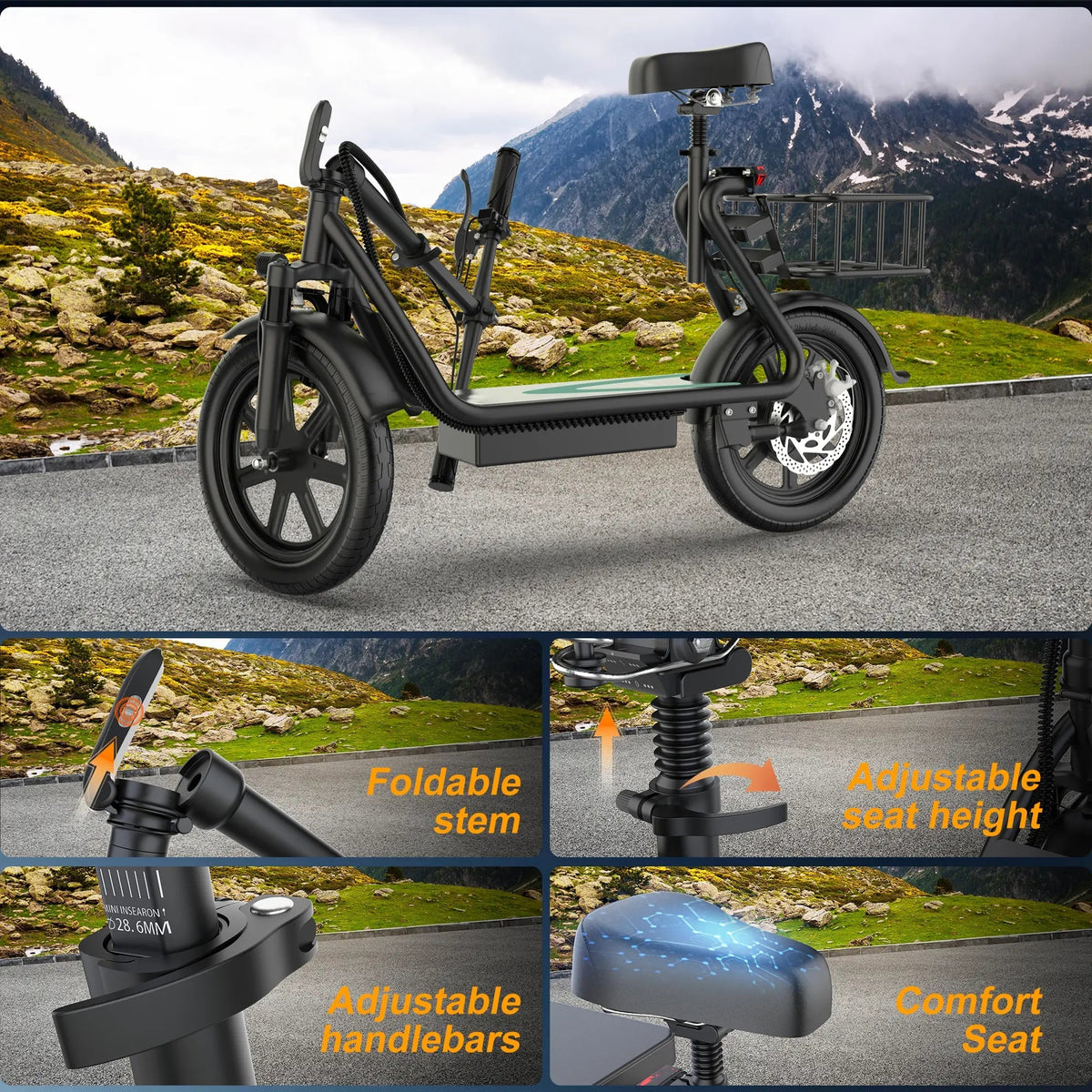 Foldable Electric Scooter with Seat and Basket, 500W Peak Motor, 48V/10.4Ah Rechargeable Battery, LED Headlight, Rear Disc Brakes, Dual Shock Absorbers, Adjustable Height, Customizable Size, 22MPH Max Speed, 28Miles Max Range