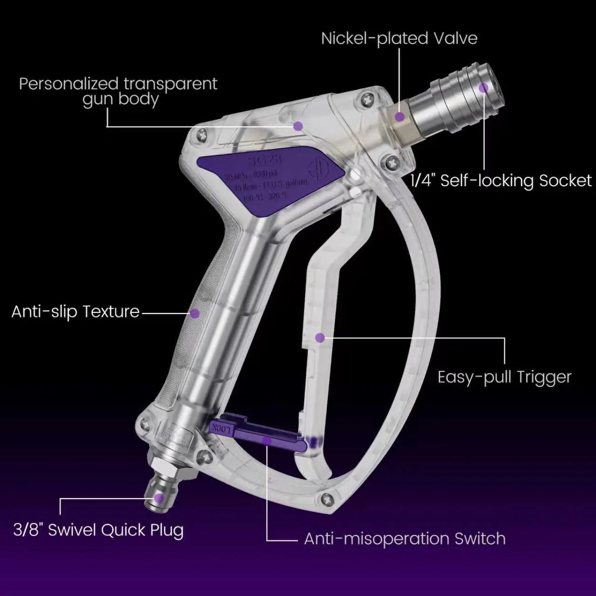 High-Pressure Washer Transparent Purple Spray Gun with Self-Locking Head and 3/8" Quick-Connect Fitting; Features a Scratch-Resistant Purple Silicone Nozzle.